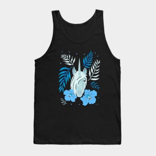 Unicorn and Blue Hibiscus Flower and Tropical Leaves Tank Top